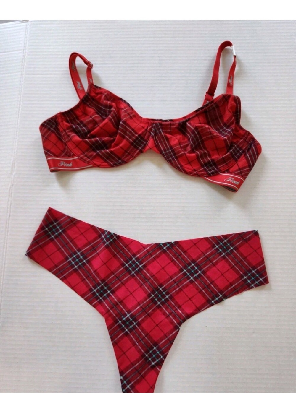 PINK Victoria Secret Red Tartan Plaid Bra & Panty Set sz 36C & XL Christmas